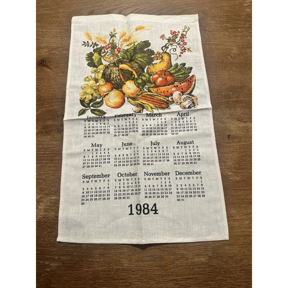 Vintage 1984 Printed Cloth Hanging Wall Calendar Tea Towel Fruit Veggies Fall
